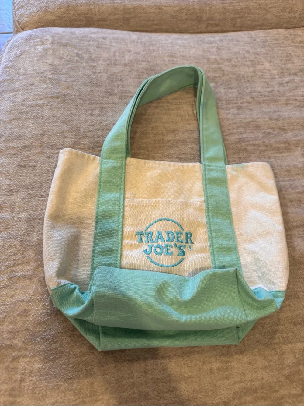 Trader Joe's Cream and Mint Canvas Tote Bag